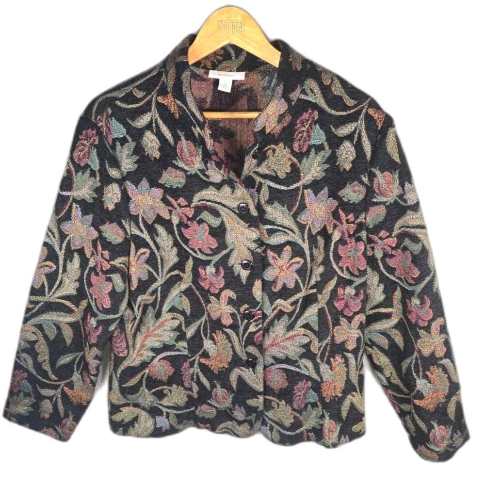 Dressbarn XL Black Floral Tapestry Jacket Boho Artsy Woven Button Front Jacquard